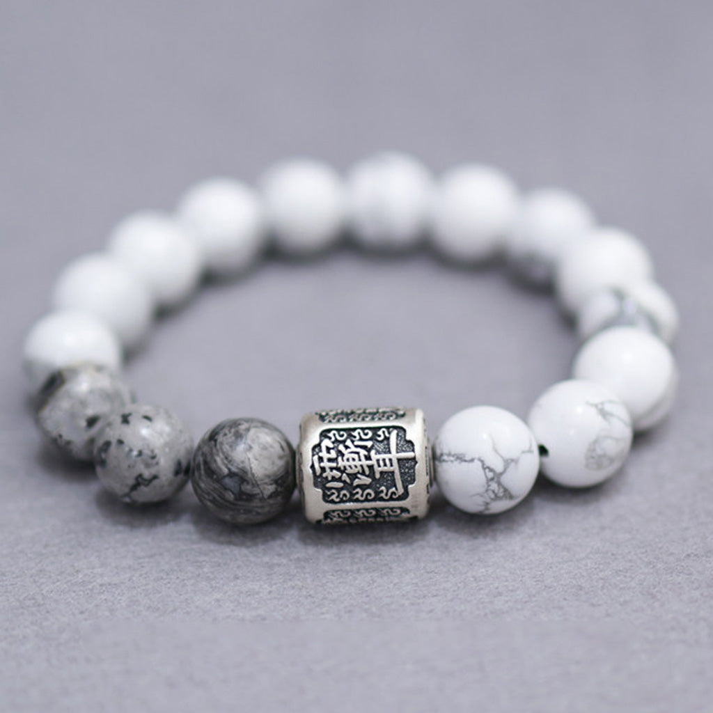 White Turquoise & Map Stone Bracelet with Taoist "Rain Gradual Ear"Beads – Symbol of Protection, Purification & Inner Harmony | Zen Ara Grove