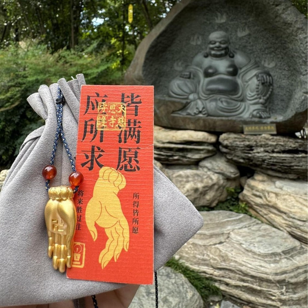 Handcrafted Blue Cord Buddha Palm Necklace – Vow Gesture for Compassion & Fearless Gesture for Courage | Zen Ara Grove