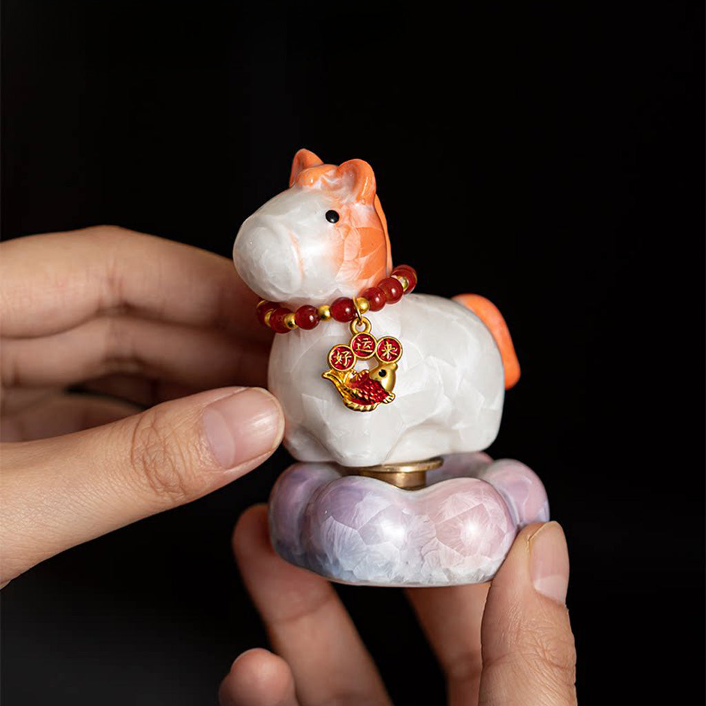 Crystal‑Glazed Ceramic Horse Figurine – Symbol of Vitality & Good Fortune – Rotating Design Tea Table Ornament | Zen Ara Grove