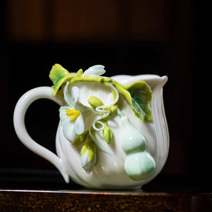 Handcrafted Ceramic Cup with Gourd Blossom – Living Art on Your Teacup | Zen Ara Grove