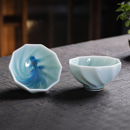 Celadon Porcelain Koi Fish Teacup – Artistic Green Glaze Tea Bowl | Zen Ara Grove