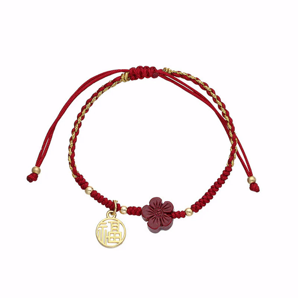 Adjustable Cord Bracelet with Cinnabar Red Flower and Fu Charm — Hope & Blessing