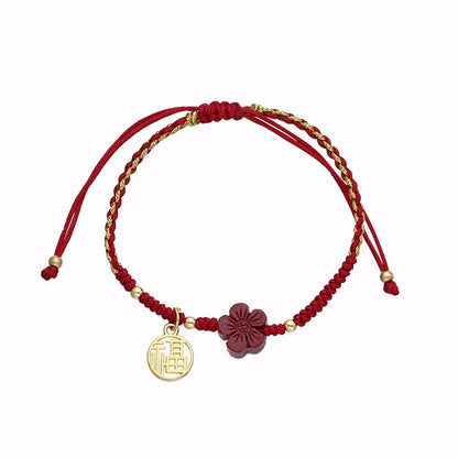 Adjustable Cord Bracelet with Cinnabar Red Flower and Fu Charm — Hope & Blessing
