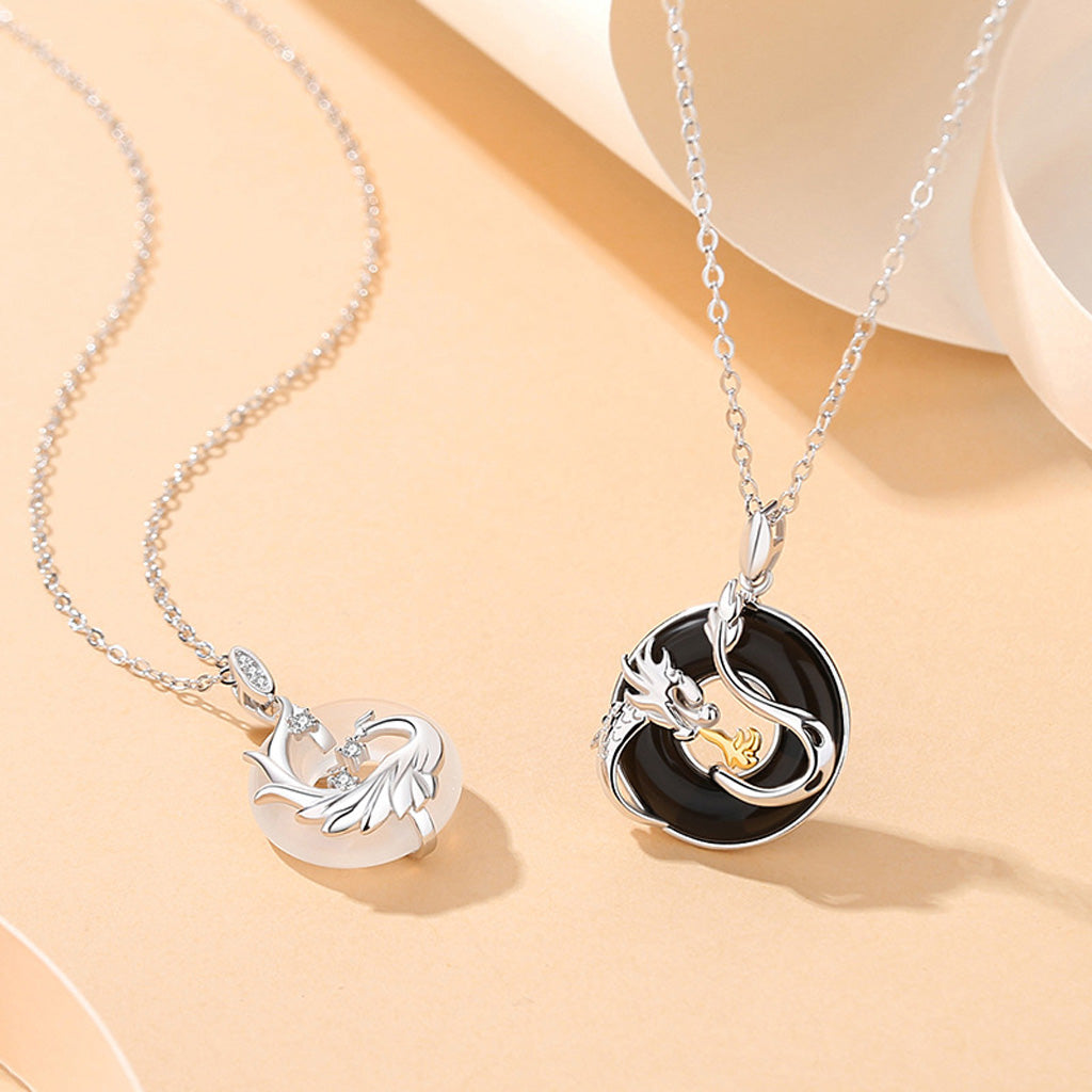 S925 Sterling Silver Black Agate Dragon or White Chalcedony Dragon and Phoenix Necklace