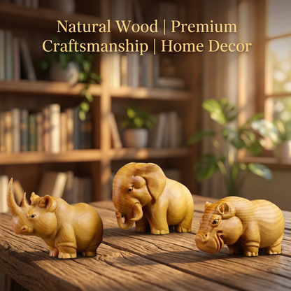 Aromatic Cypress Wildlife Carving Collection – Rhino, Elephant, Hippo Desk Decor | Zen Ara Grove