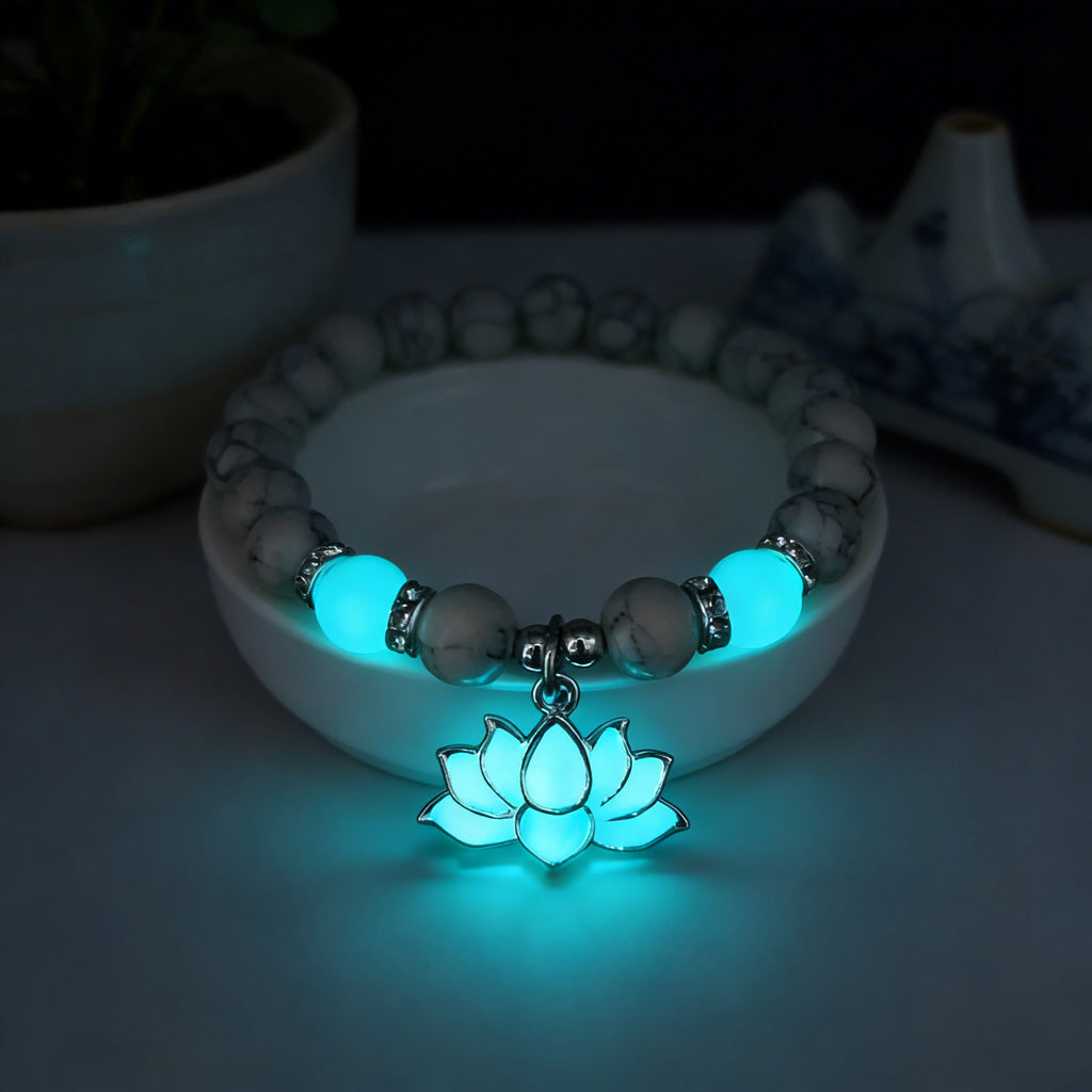 Glow-in-the-Dark Turquoise Lotus Bracelet – Zen Night Calm | Zen Ara Grove