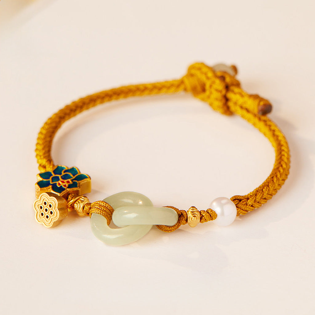 Adjustable Double Hetian Jade Peace Buckle Bracelet with Lotus Charm — Harmony & Protection