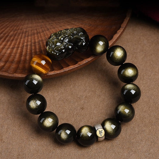 Wealth Beast Gold-Sheen Bracelet: Tiger Eye & Pi Xiu Fortune Magnet