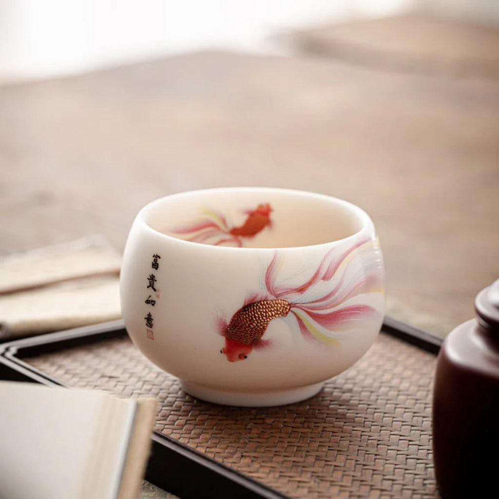 Milky White Ceramic Mug with Koi Motif – Elegant Glaze for Hot and Cold Drinks | Zen Ara Grove