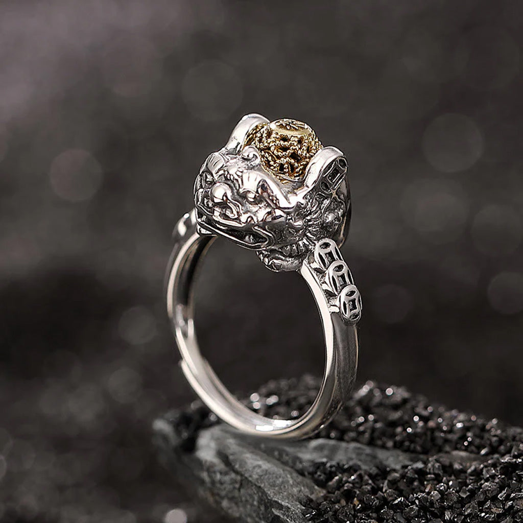 S925 Sterling Silver Pixiu Ring – Fortune & Protection – Adjustable with Rotating Gold Bead | Zen Ara Grove