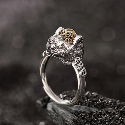 S925 Sterling Silver Pixiu Ring – Fortune & Protection – Adjustable with Rotating Gold Bead | Zen Ara Grove
