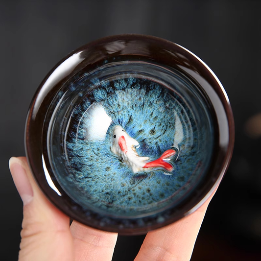 Artisan Porcelain Tea Cup – Unique Kiln-Varied Colors with Koi Design | Zen Ara Grove