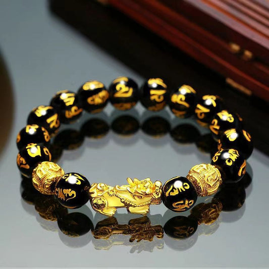 Mythic Guardian Cuff: Black Onyx & Gold PiXiu Sculpture Bracelet