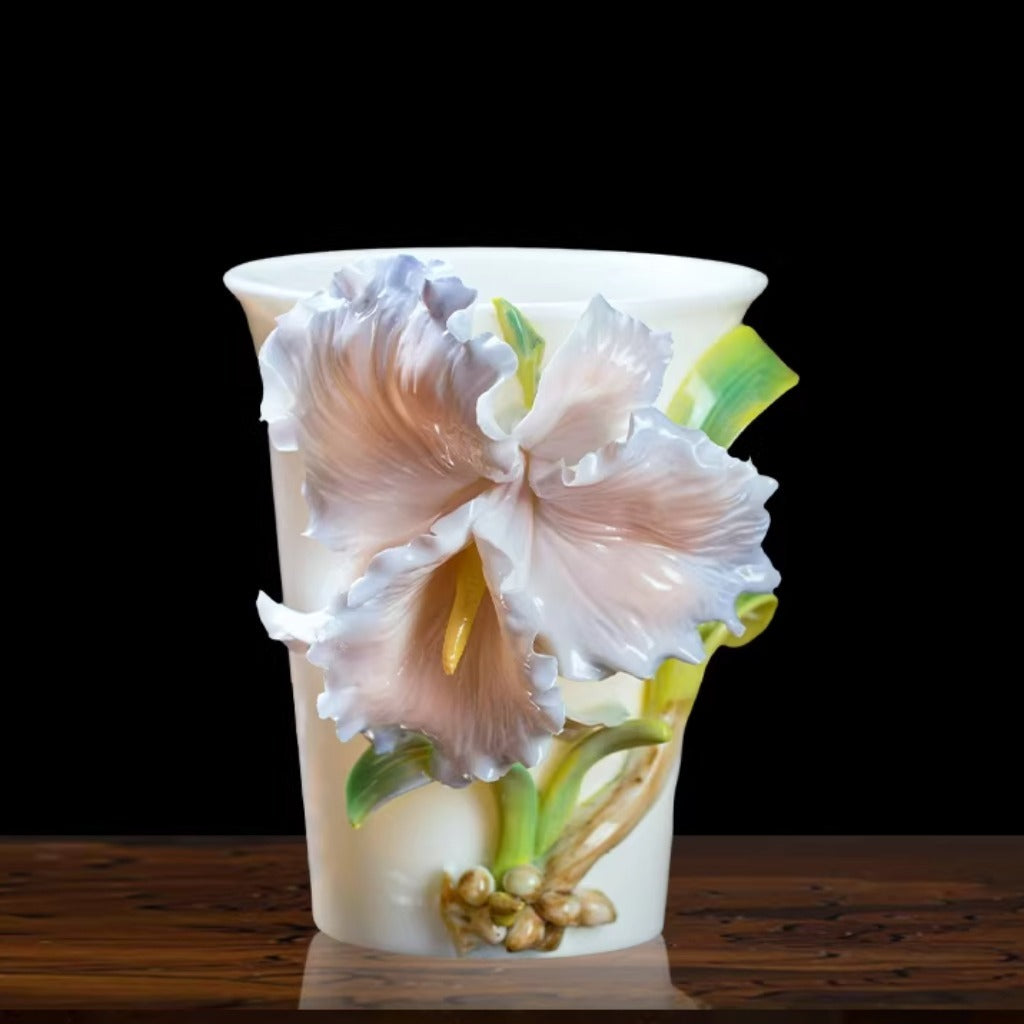 Handcrafted Ceramic Cup with Blue Iris – Blooming from the Cup, One of a Kind | Zen Ara Grove