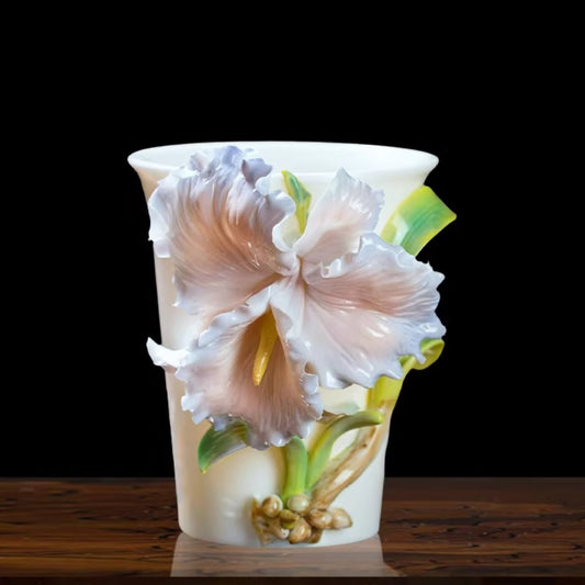 Handcrafted Ceramic Cup with Blue Iris – Blooming from the Cup, One of a Kind | Zen Ara Grove