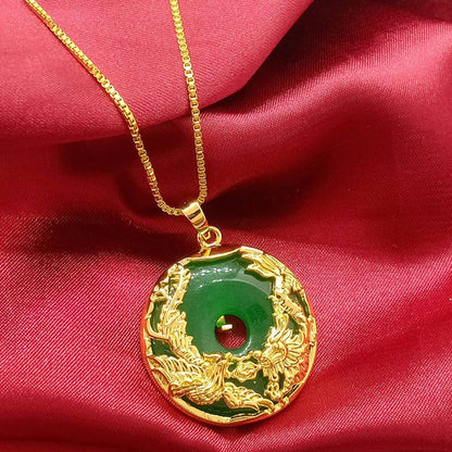 Green Jade Peace Buckle Necklace with Double Phoenix Detail — Protection & Renewal