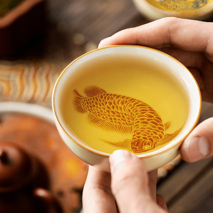 Oriental Ru Kiln Pu-er Cup – Handcrafted Porcelain with Silver Scale Glaze and Dragon Pattern | Zen Ara Grove