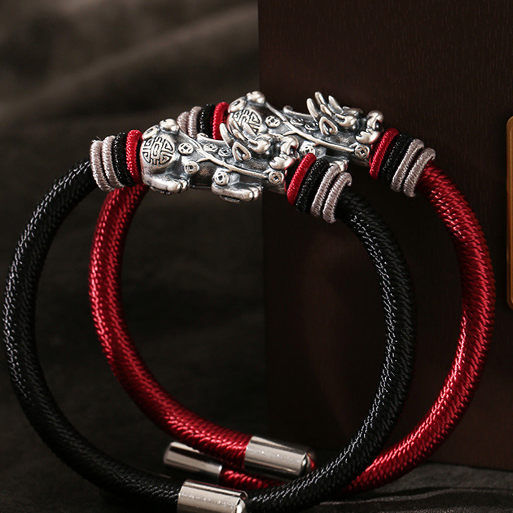 999 Silver Pixiu on Dragon Knot Handwoven Bracelet — Meaning of Courage & Wealth | Zen Ara Grove