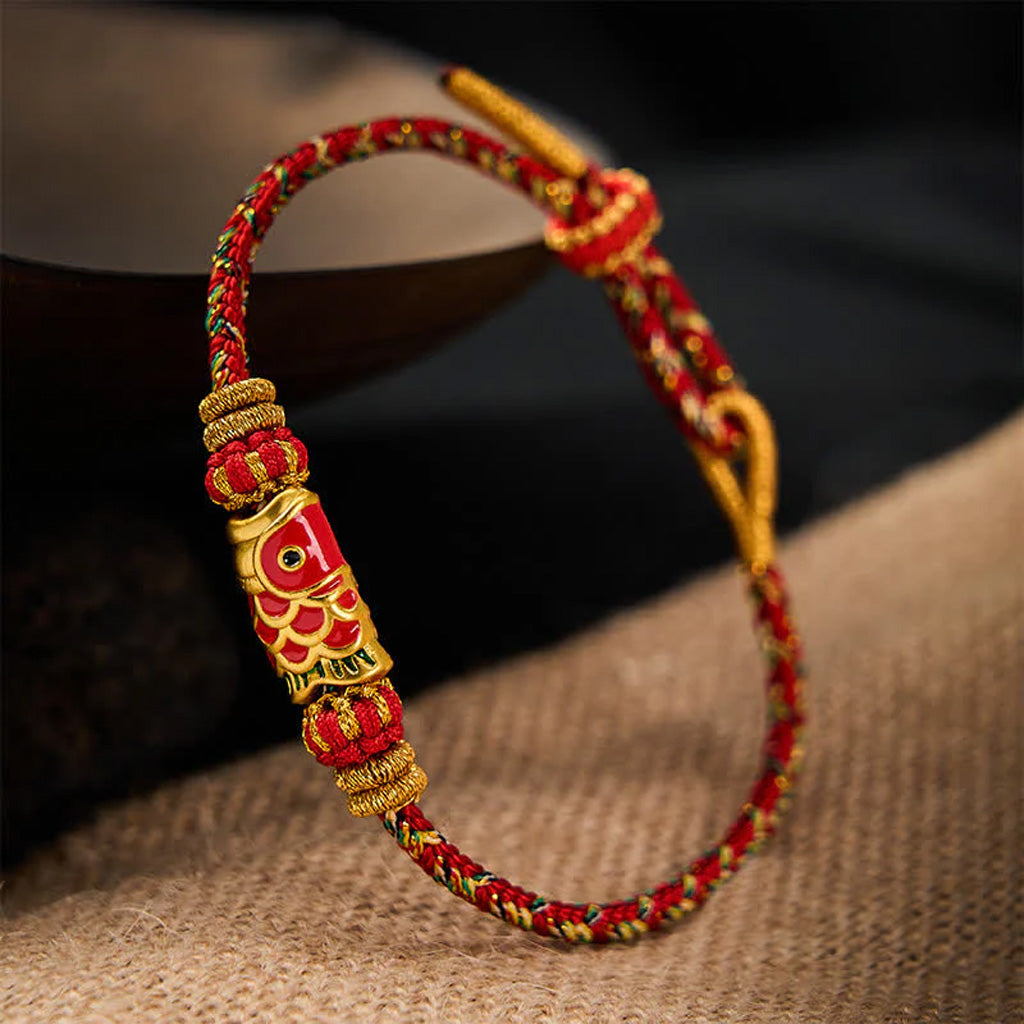 Adjustable Hand-Braided Koi Bracelet with Gold-Tone Details — Perseverance & Good Fortune