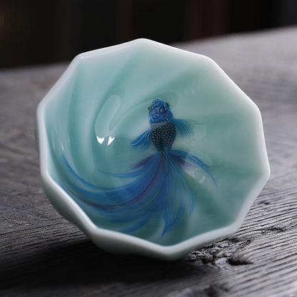 Celadon Porcelain Koi Fish Teacup – Artistic Green Glaze Tea Bowl | Zen Ara Grove