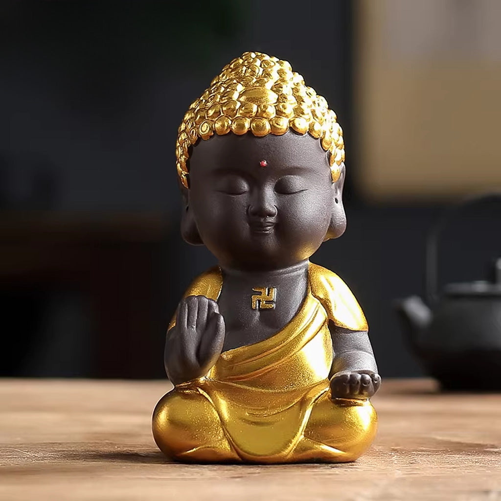 Mini Zen Buddha Statue – Handcrafted Purple Clay Ceramic with Golden Touch of Serenity | Zen Ara Grove