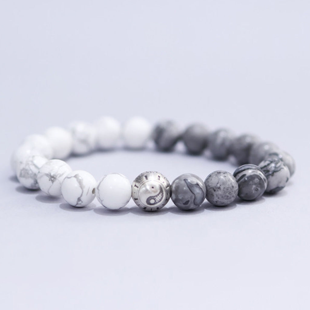 White Turquoise & Map Stone Beaded Bracelet – Yin-Yang Metal Accent, 999 Silver Ba Gua Bead | Zen Ara Grove