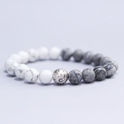 White Turquoise & Map Stone Beaded Bracelet – Yin-Yang Metal Accent, 999 Silver Ba Gua Bead | Zen Ara Grove