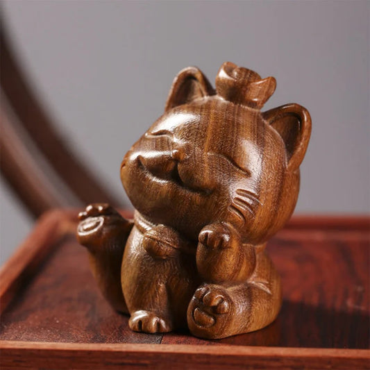 Mini Green Sandalwood Ingot Lucky Cat Carved Peace Desk Decorations | Zen Ara Grove