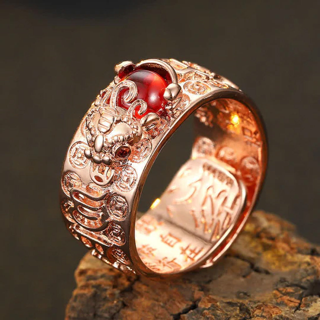 Garnet Pixiu Open Ring – Symbol of Wealth, Protection & Wisdom | Zen Ara Grove
