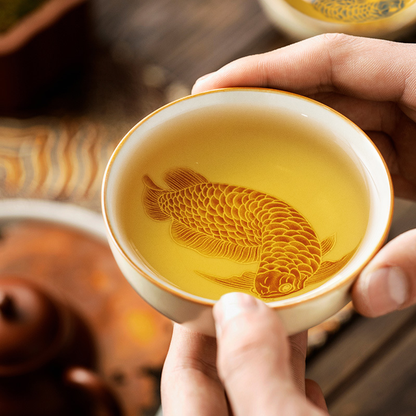 Oriental Ru Kiln Pu-er Cup – Handcrafted Porcelain with Silver Scale Glaze and Dragon Pattern | Zen Ara Grove