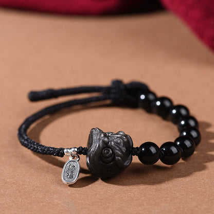 Black Obsidian Silver Sheen Obsidian Cute Cat Dancing Lion Strength Bracelet | Zen Ara Grove