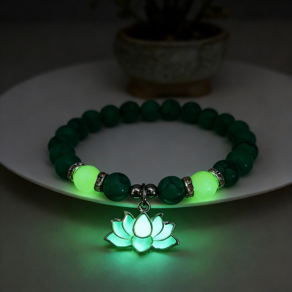 Glow-in-the-Dark Turquoise Lotus Bracelet – Zen Night Calm | Zen Ara Grove