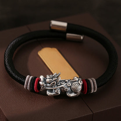 999 Silver Pixiu on Dragon Knot Handwoven Bracelet — Meaning of Courage & Wealth | Zen Ara Grove