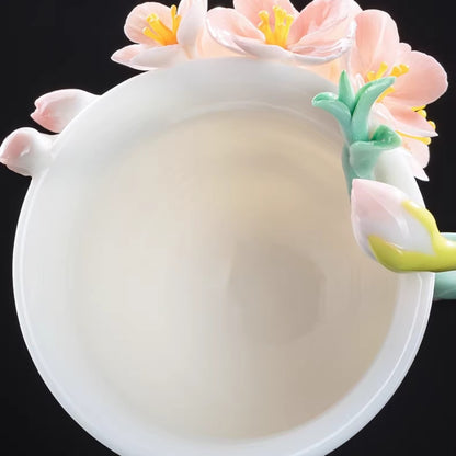 Handcrafted Ceramic Cup with Soft Pink Cherry Blossom – Blooming from the Cup, One of a Kind | Zen Ara Grove