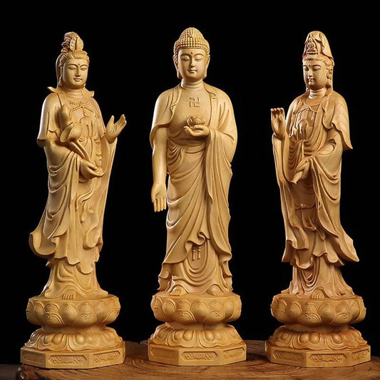 Hand‑Carved Boxwood Triple Holy Buddha Statue – Symbol of Compassion, Wisdom & Enlightenment | Zen Ara Grove