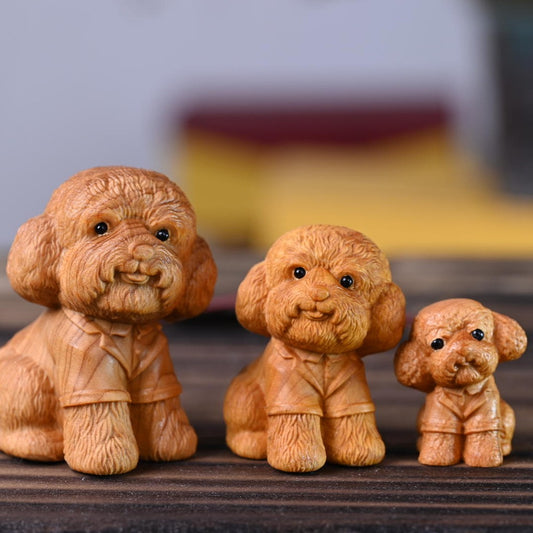 Hand-Carved Aromatic Cypress Teddy Dog Figurine – Artisan Wooden Desk Accent with Natural Scent | Zen Ara Grove
