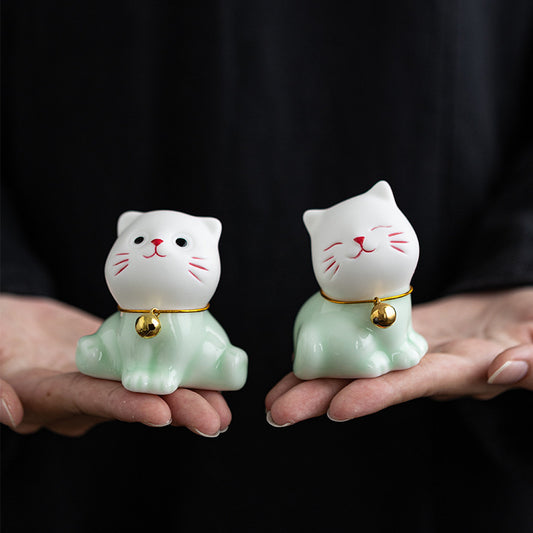 Mini Lucky Cute Cat Light Green White Ceramic Figurine Decoration | Zen Ara Grove