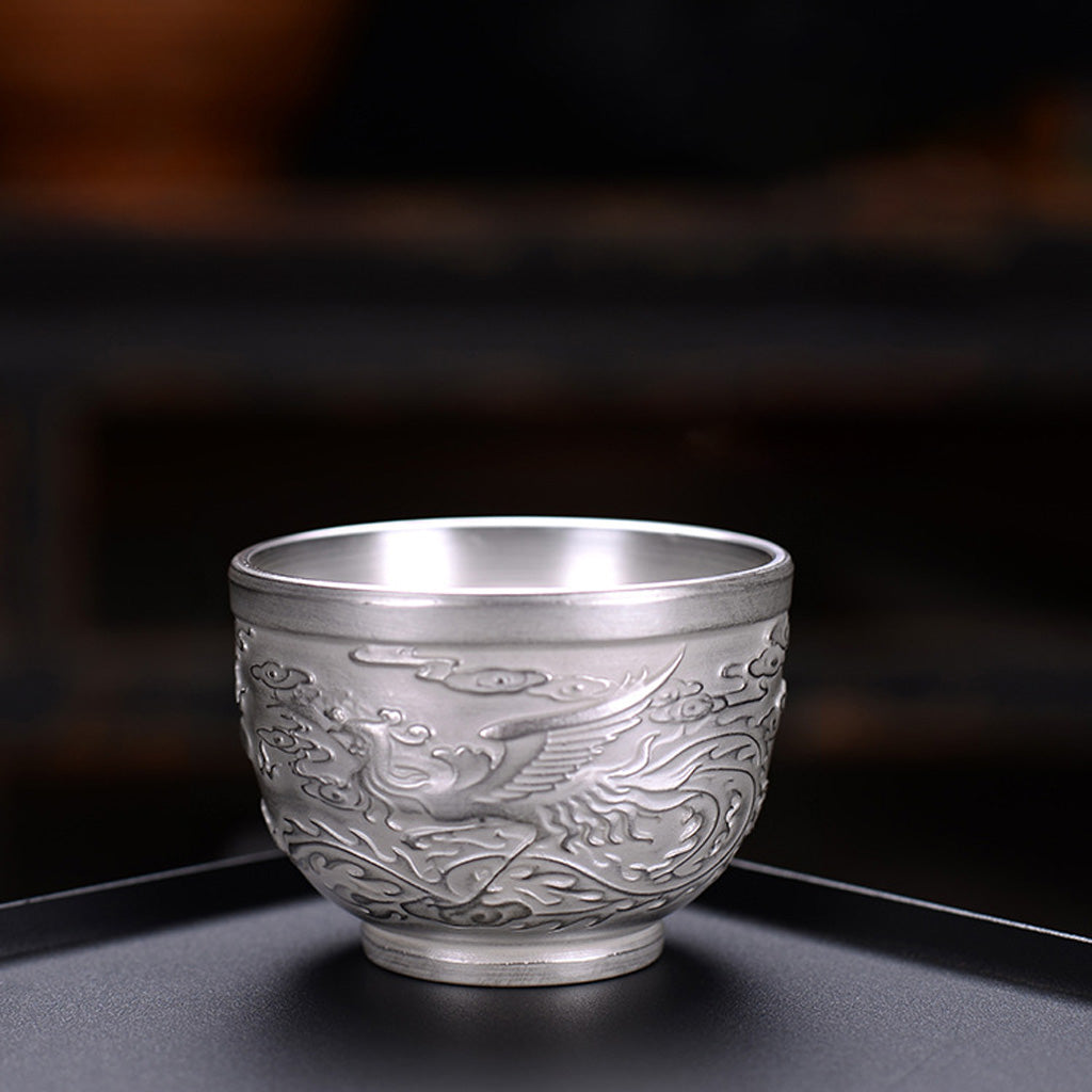 999 Silver Hammered Teacup – Dragon & Phoenix Design – Handcrafted Symbol of Strength and Harmony | Zen Ara Grove