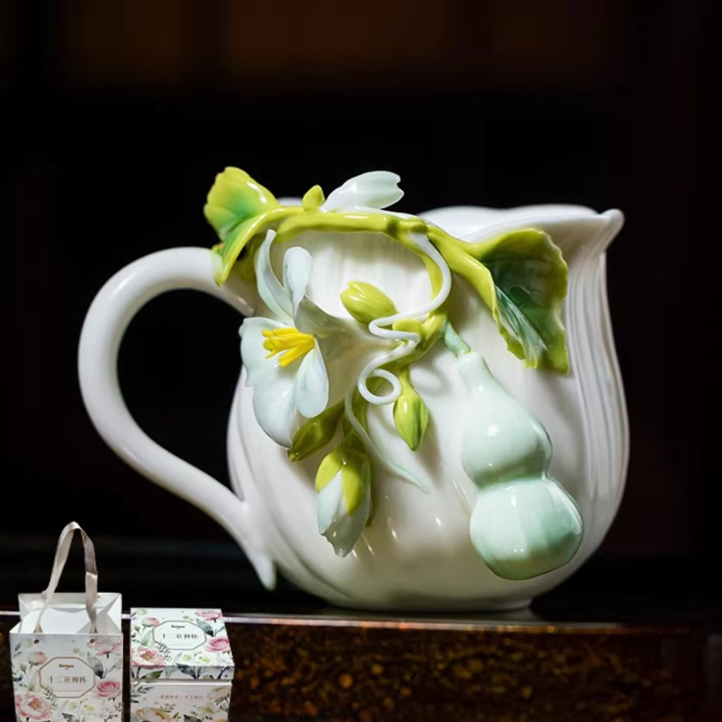 Handcrafted Ceramic Cup with Gourd Blossom – Living Art on Your Teacup | Zen Ara Grove
