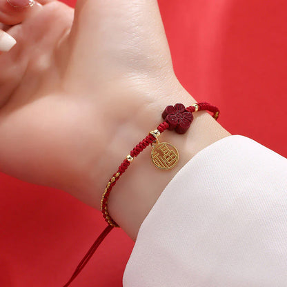 Adjustable Cord Bracelet with Cinnabar Red Flower and Fu Charm — Hope & Blessing