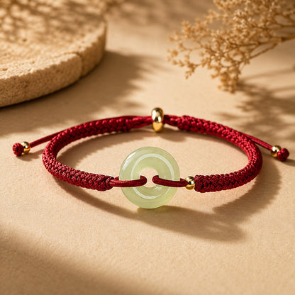 Adjustable Hand-Braided Hetian Jade Peace Buckle Bracelet — Balance & Good Wishes