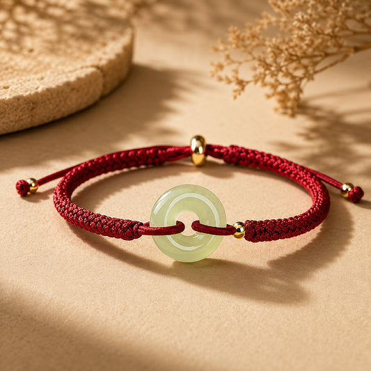 Adjustable Hand-Braided Hetian Jade Peace Buckle Bracelet — Balance & Good Wishes