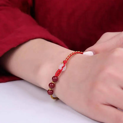 Adjustable White Jade Peace Buckle Bracelet with Cinnabar Beads — Peace & Protection