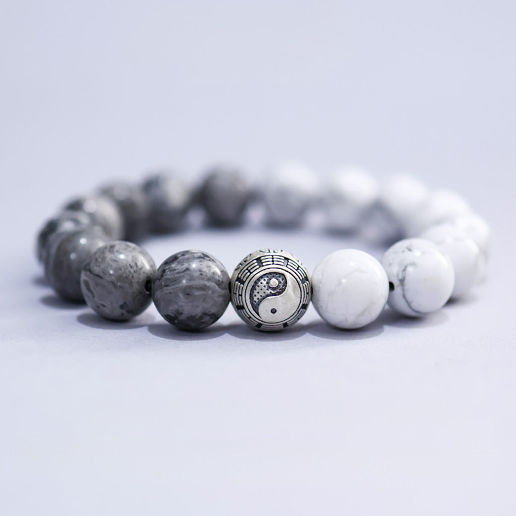 White Turquoise & Map Stone Beaded Bracelet – Yin-Yang Metal Accent, 999 Silver Ba Gua Bead | Zen Ara Grove