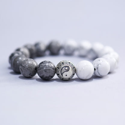 White Turquoise & Map Stone Beaded Bracelet – Yin-Yang Metal Accent, 999 Silver Ba Gua Bead | Zen Ara Grove