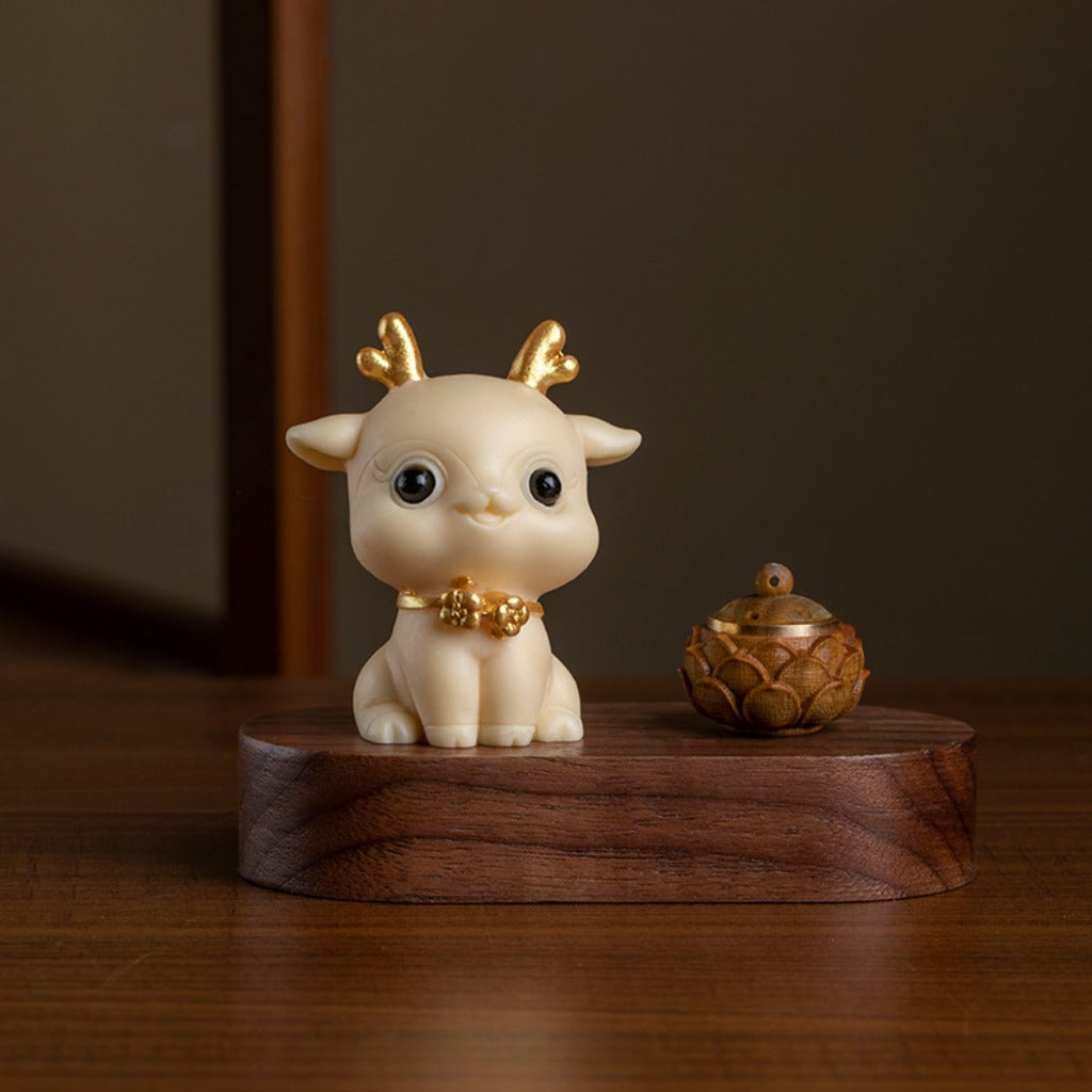 Natural Tagua Nut Deer Figurine with Walnut Lotus Base – Lively and Graceful | Zen Ara Grove