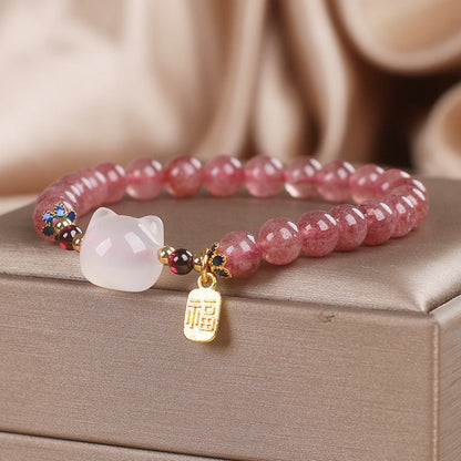 Strawberry Quartz Cat Head Bracelet – Luck & Charm | Zen Ara Grove