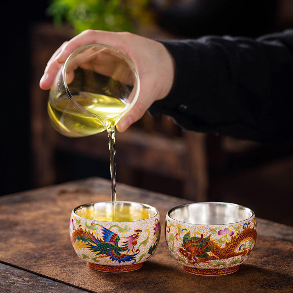 999 Silver Hammered Teacup – Dragon & Phoenix Design – Handcrafted Symbol of Strength and Harmony | Zen Ara Grove