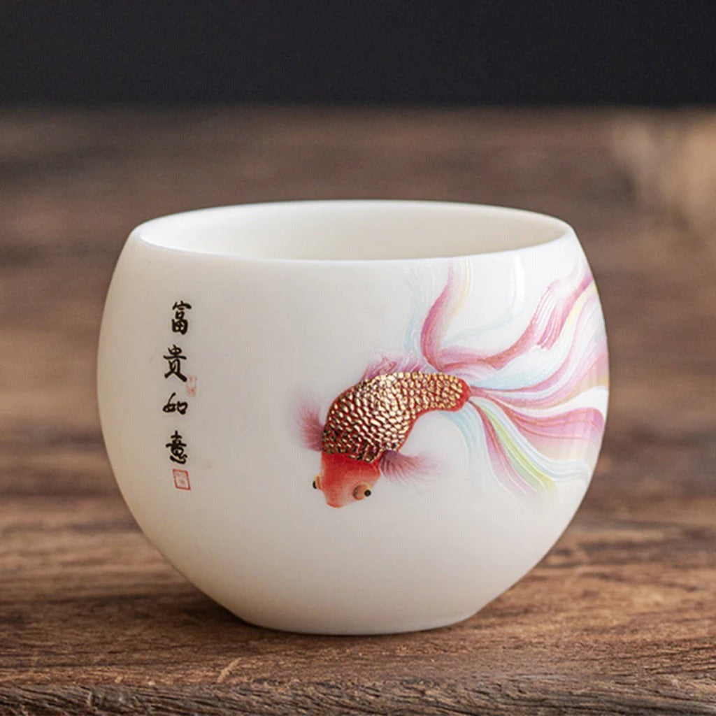 Milky White Ceramic Mug with Koi Motif – Elegant Glaze for Hot and Cold Drinks | Zen Ara Grove