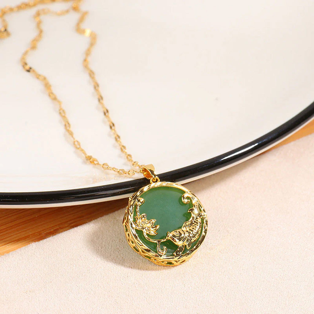 Jade Koi and Lotus Medallion Necklace with Gold-Tone Openwork Frame — Luck & Renewal